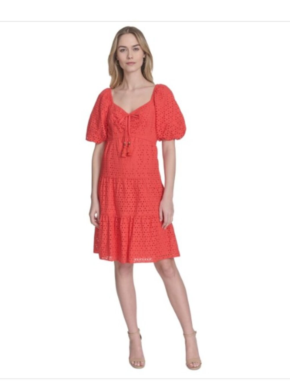 Vince Camuto Women's V-Neck Short-Puff-Sleeve Eyelet Dress - Pop